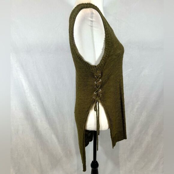 Army green knit tunic sweater with tie sides and side slits size small - Picture 2 of 4